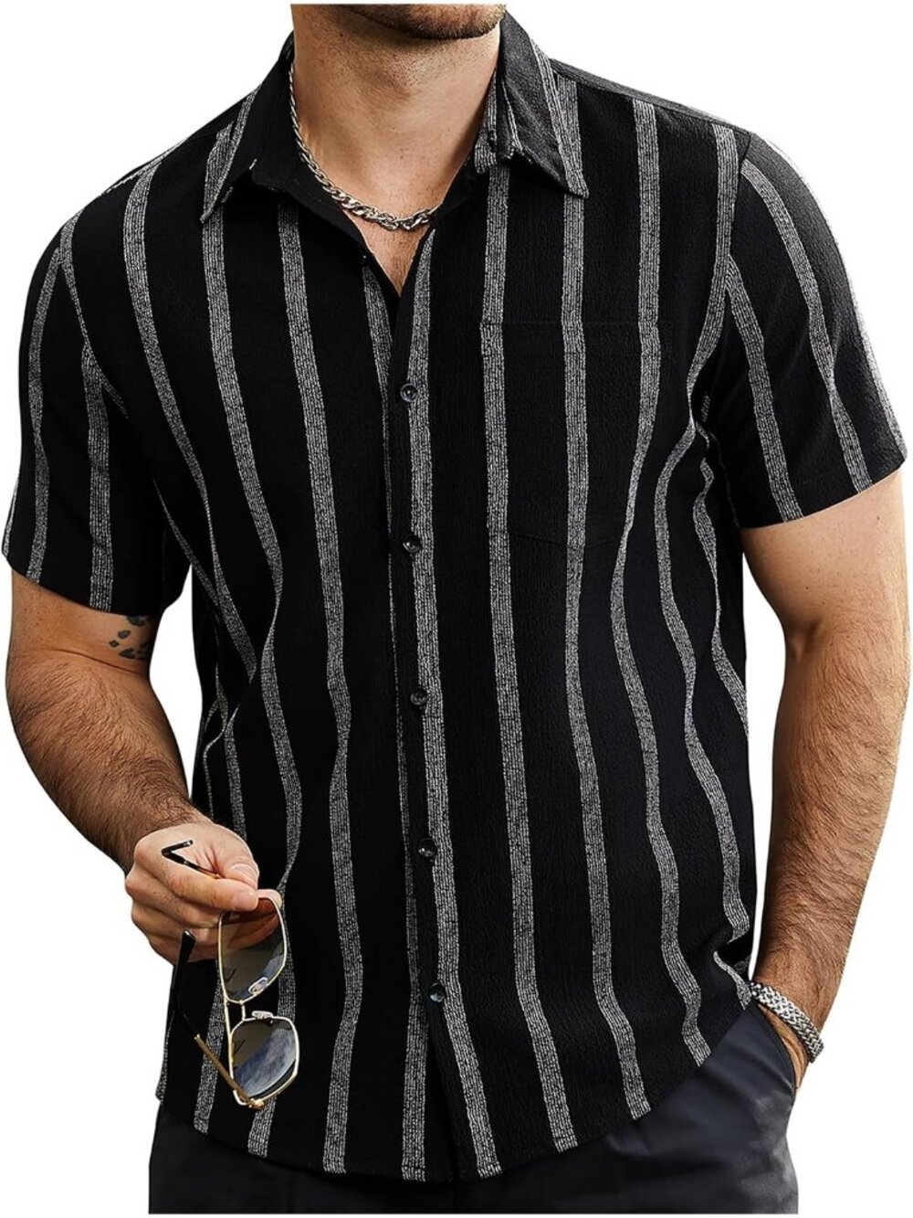 Men's Black Striped Short Sleeve Collared Button Down Beach Shirt with Pocket